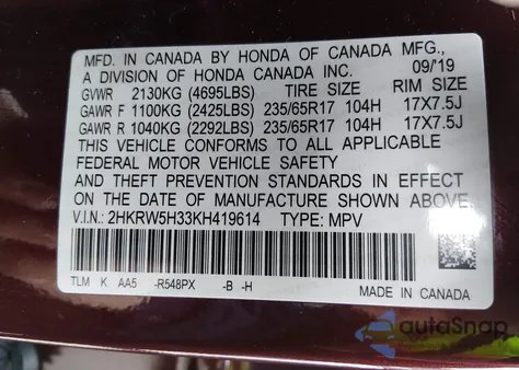 2019 Honda Cr-V Lx из США, поврежденный, VIN 2HKRW5H33KH419614